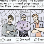 A facebook post shows a picture of three people - Aman and two other men - standing at the Frew booth at a comics convention. They are all smiling with their arms crossed. Aman stands to the left and wears a blue sweater. The man in the middle is dressed up in full Phantom cosplay: purple cap, black eye mask, purple body suit, black striped underwear, and a belt with a skull in the center. The man on the right has curly red/brown hair and wears a blue and orange short-sleeve button-down. Above the picture is text that is slightly cut off: "Phans from across the country make an annual pilgrimage to the Frew comic publisher booth." Below the picture are the Facebook buttons, "Like Comment Share."